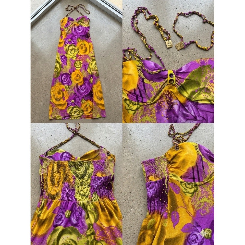 VTG ROCAWEAR Y2K Purple Floral MAXI DRESS Maximalist Miami RESORT WEAR Size M